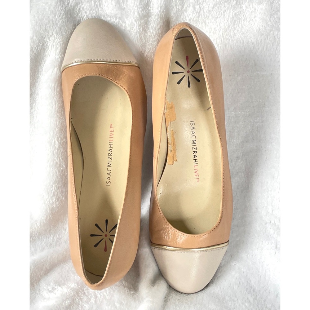 Isaac Mizrahi Live Women Pumps 6.5M Block Heel Tan‎ Cap Toe Gold Trim